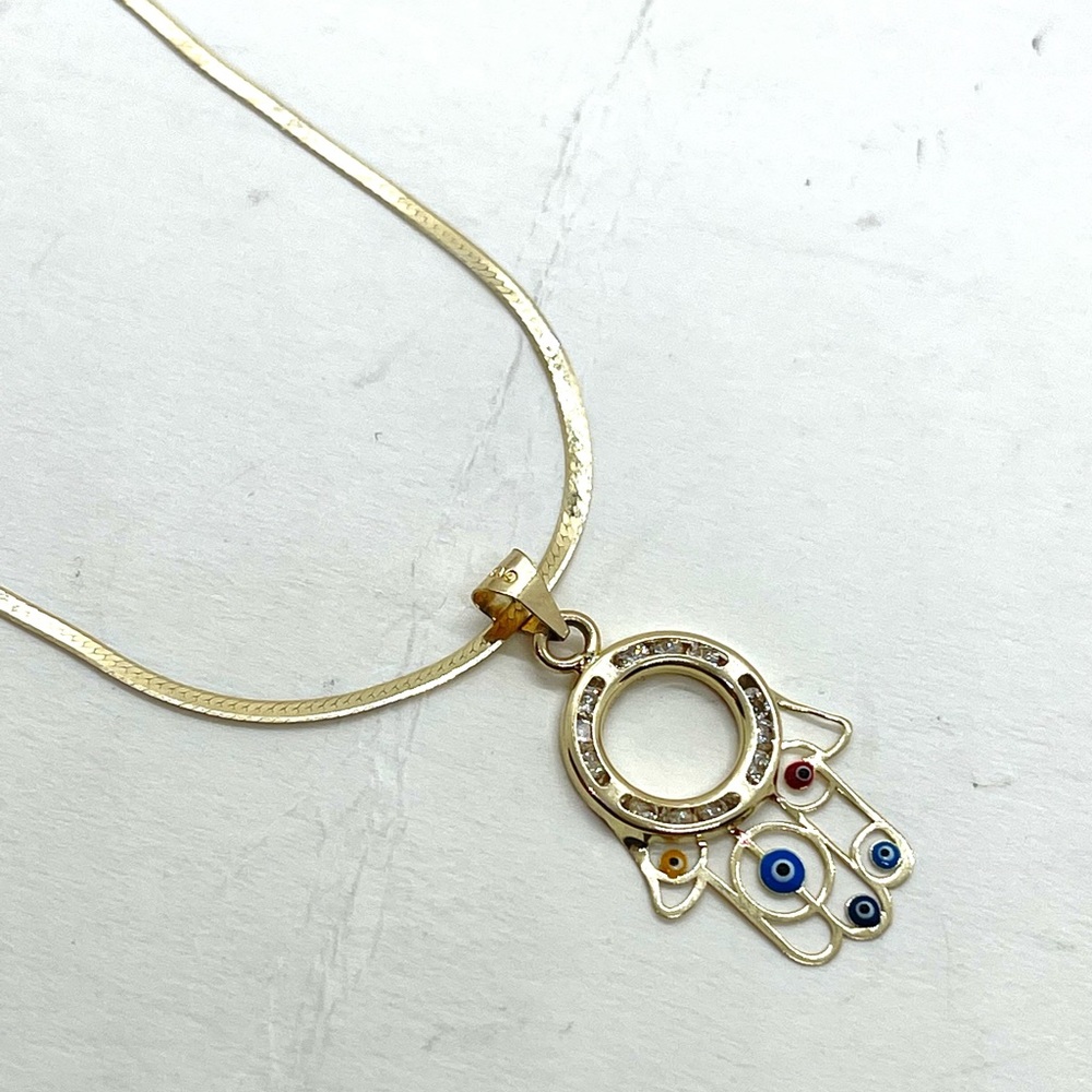 10K Gold Hamsa Herringbone Necklace - Picture 7 of 10